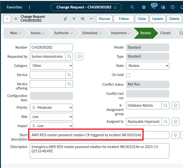 Hyper automation AWS RDS Change Request CHG003282