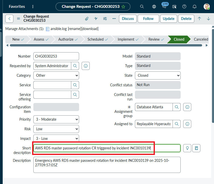 Hyper automation This is an AWS RDS master change request CHG0030253 to take care of the AWS RDS part of the original incident INC0010139