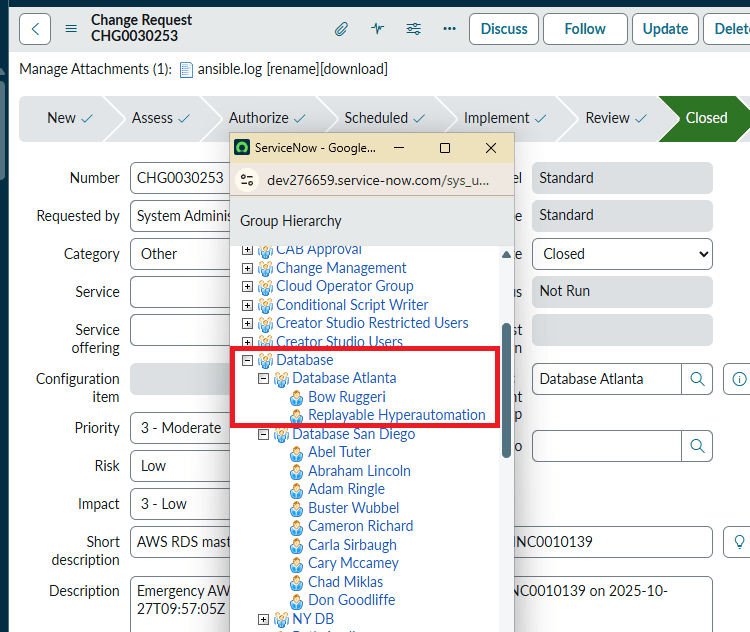 The Database Atlanta department group is hyper automated, it has one person and one machine named