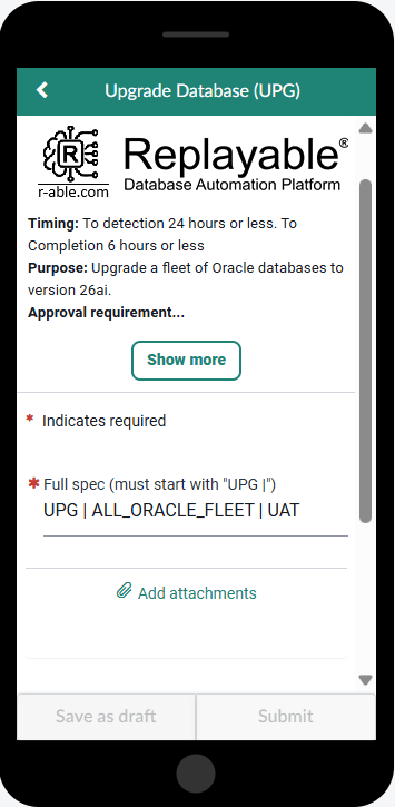 An example of Oracle upgrade hyper automation platform intake form, as seen on an iPhone screen