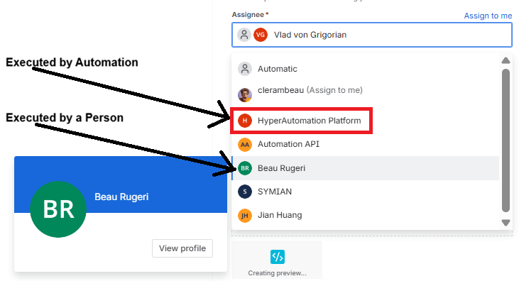 Jira task assignment: a migration request assigned to a DBA versus the HyperAutomation Platform user