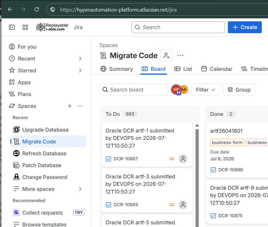 Jira board of the Oracle Self-Service Hyper-Automation Platform with automated task queues