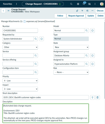 An automated Change request  opened by initial intake form from the Database Automated Platform