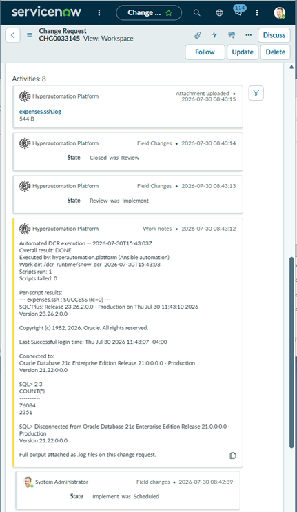 the view of the oracle hyper automation notes the  automation posted. The CR was opened at 08:42, executed and closed at 8:43, one  minute later