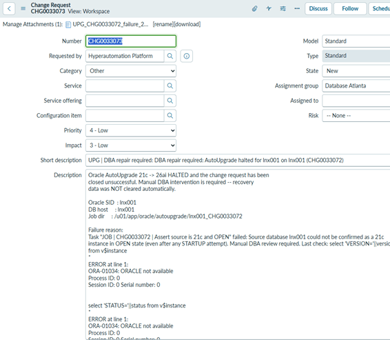 An example of a DBA follow up  Change Request the automation opens if it fails a database upgrade
                  Here is a view of the Notes section of a closed and  successfully executed Change Request