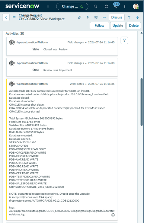 A view of the Notes section of  a closed Oracle database upgrade Change Request