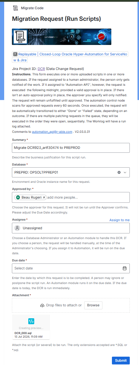 Jira request form for migrating a code release to the PREPROD Oracle database