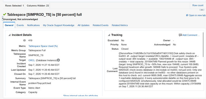 ServiceNow OEM Tablespace out of Space Incident Manager