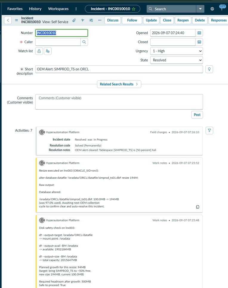 ServiceNow OEM Tablespace out of Space Progress Notes