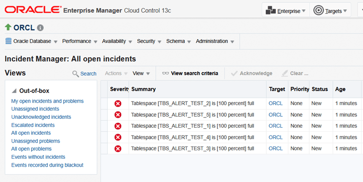 Tablespace Full 100% OEM Incident Manager